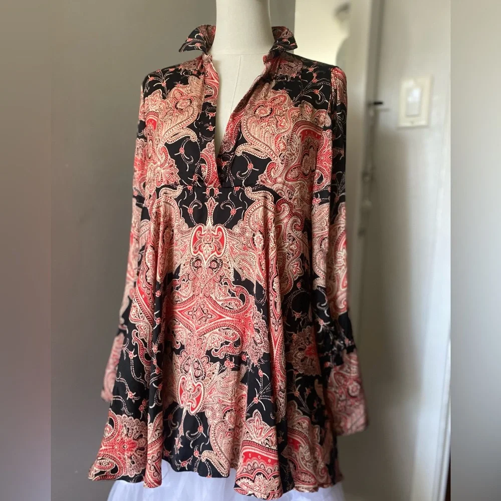 Free People Black and Red Paisley Top